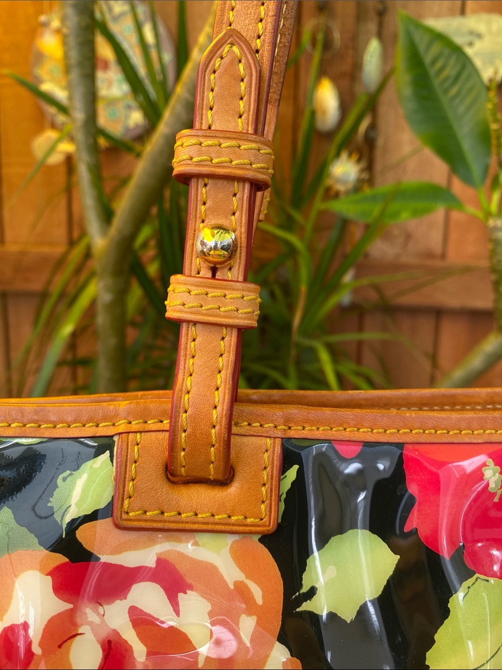Dooney & Bourke Black Floral Coated Tote with Tan Leather Handles - Picture 6 of 16